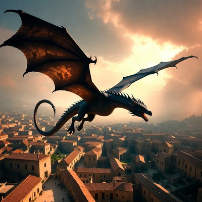 Dragon Flying Over Medieval Village