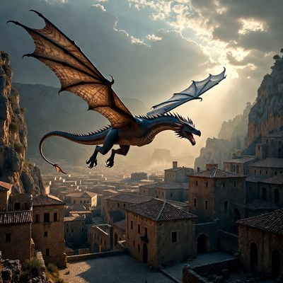 Dragon Flying Over Village