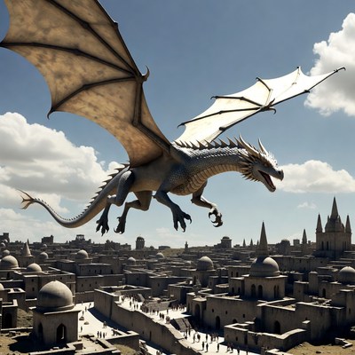 Silver Dragon Flying Over Ancient City