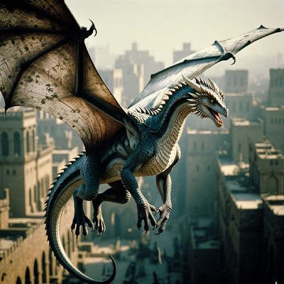 Dragon flying over ancient city