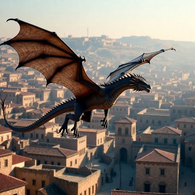 Dragon flying over ancient village