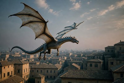 Dragon flying over village