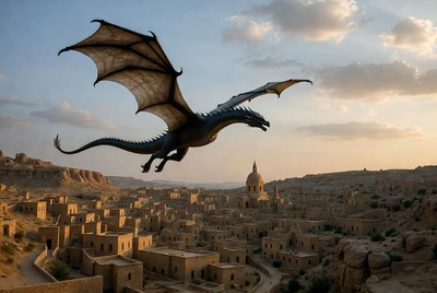 Dragon flying over desert village