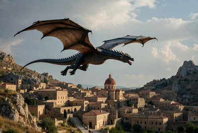 Dragon Flying Over Village