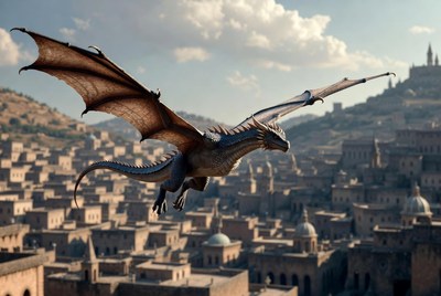 Dragon flying over ancient city