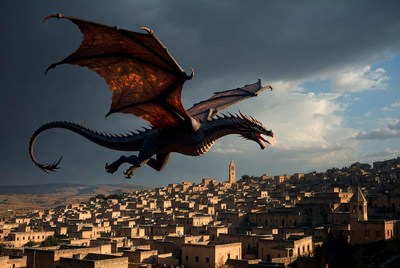 Dragon flying over ancient village