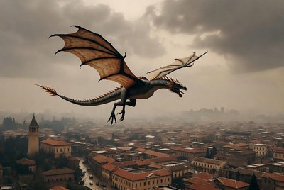 Dragon Flying Over Medieval City