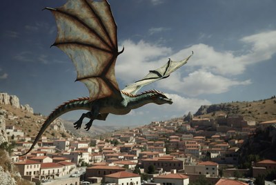 Dragon Flying Over Village