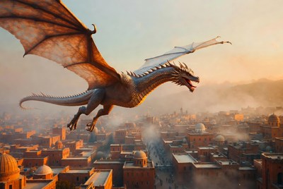 Dragon Flying Over Ancient City