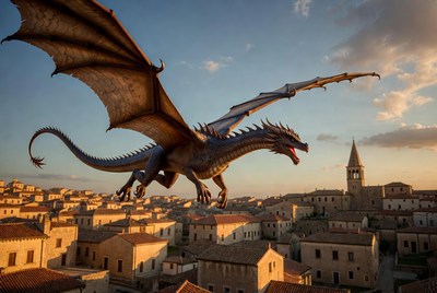 Dragon Flying Over Italian Village