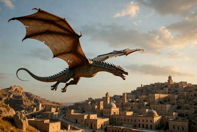 Dragon Flying Over Ancient Village