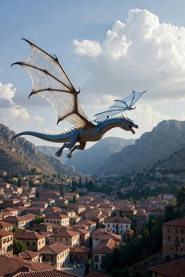 Blue Dragon Flying Over Village