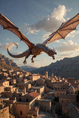 Dragon Flying Over Mountain Village
