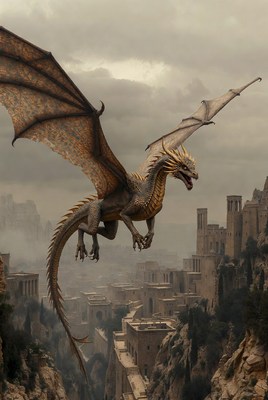 Golden Dragon Flying Over Ancient Castle
