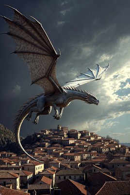 Silver Dragon Flying Over Village