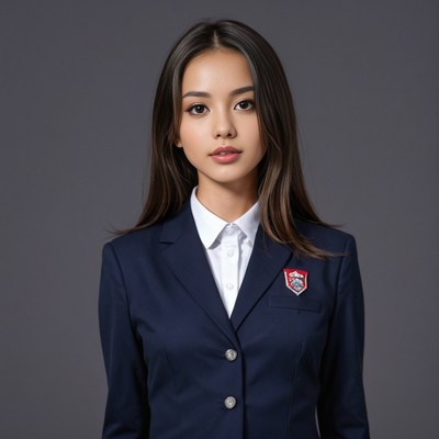 Asian woman in navy school blazer