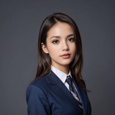 Asian woman in navy suit and tie
