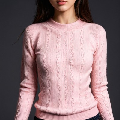 Asian woman in pink cable knit sweater