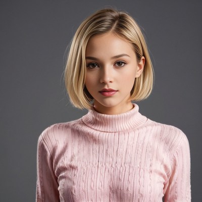 Blonde woman in pink turtleneck