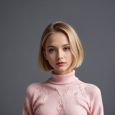 Blonde woman in pink turtleneck