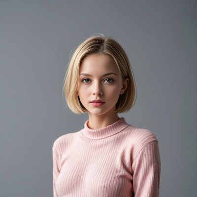 Blonde woman in pink turtleneck