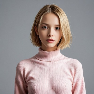 Blonde woman in pink turtleneck