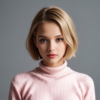 Blonde girl in pink turtleneck