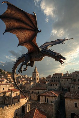 Dragon Flying Over Medieval Village