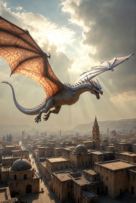 White Dragon Flying Over Ancient City
