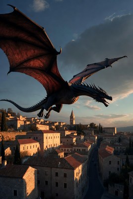 Dragon flying over medieval village