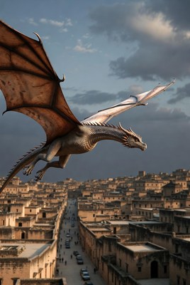 Dragon Flying Over Ancient City
