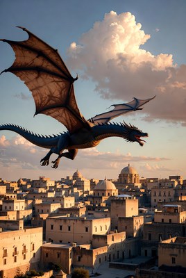 Dragon Flying Over Ancient City