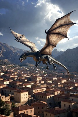 Dragon Flying Over Village