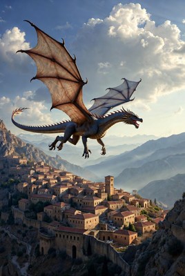 Dragon Flying Over Cliffside Village