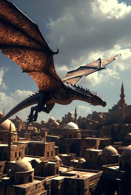 Dragon Flying Over Ancient City