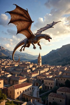 Dragon Flying Over Medieval Village