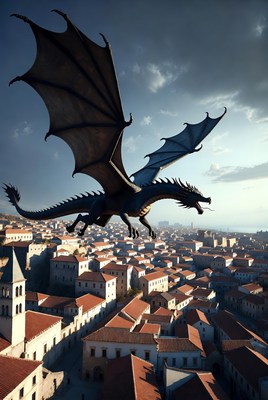 Dragon flying over medieval city