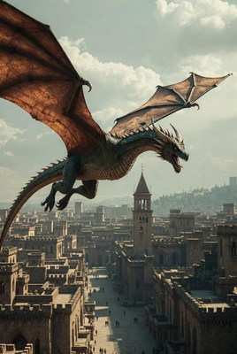 Dragon Flying Over Medieval City