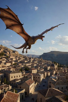 Dragon Flying Over Cliffside Village