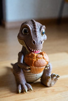 Cute T-Rex figurine eating muffin