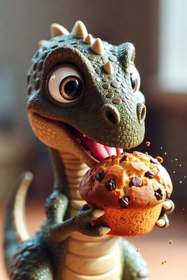 Cute baby dinosaur eating muffin