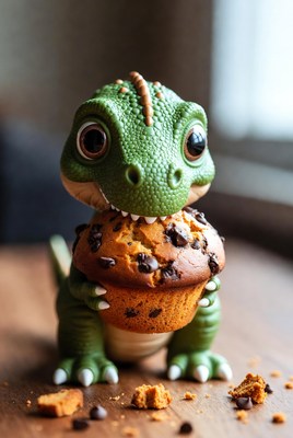 Cute green T-Rex eating muffin