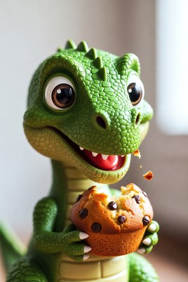 Cute green dinosaur eating muffin
