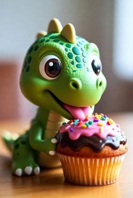Cute green dinosaur eating cupcake