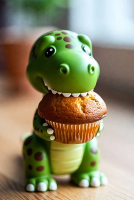 Green T-Rex Toy Eating Muffin