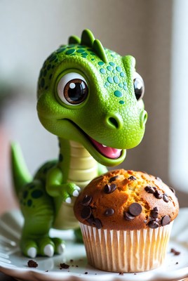 Green dinosaur toy holding muffin