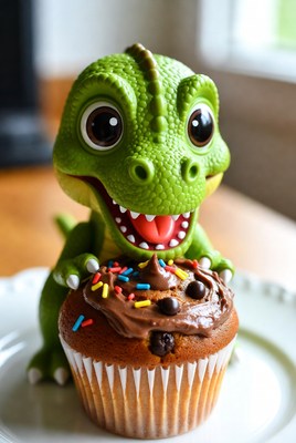 Cute green T-Rex toy on cupcake