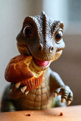 Cute dinosaur eating muffin