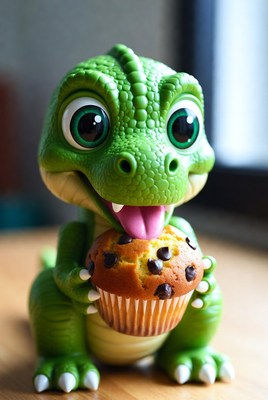 Cute green dinosaur eating muffin