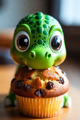 Green dinosaur toy eating muffin